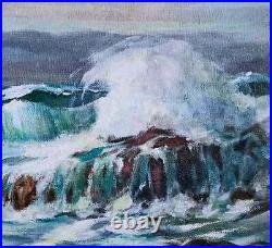 Breaking Ocean Waves Rocky Coast Folk Art Vintage Painting Seascape Zwald