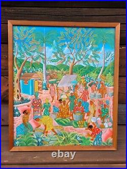 Bright Haitian Folk Art Original Painting Village Life Signed KEDER GEROME