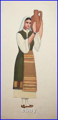 Bulgarian Woman With Folk Costume Vintage Gouache Collage Painting