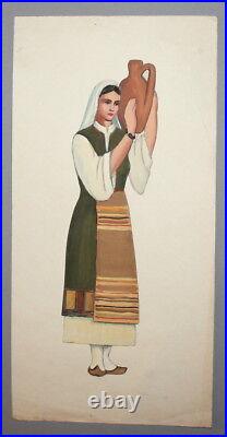 Bulgarian Woman With Folk Costume Vintage Gouache Collage Painting