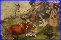 Bull Broke Loose Bull Baiting Oil Canvas Folk Art Naive 18th Century Antique