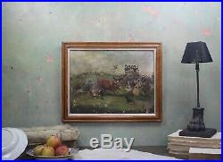 Bull Broke Loose Bull Baiting Oil Canvas Folk Art Naive 18th Century Antique