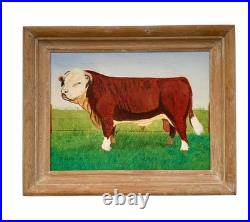 Bull Painting Hereford Cattle Oil on Canvas Signed Vintage Folk Art Decor