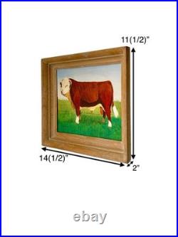 Bull Painting Hereford Cattle Oil on Canvas Signed Vintage Folk Art Decor