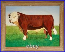 Bull Painting Hereford Cattle Oil on Canvas Signed Vintage Folk Art Decor