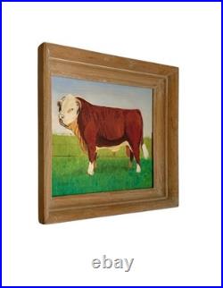 Bull Painting Hereford Cattle Oil on Canvas Signed Vintage Folk Art Decor