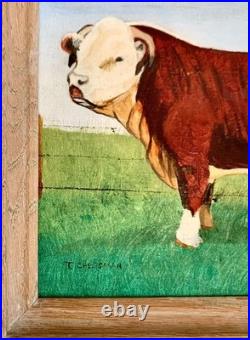 Bull Painting Hereford Cattle Oil on Canvas Signed Vintage Folk Art Decor