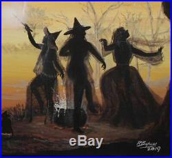 Byrum Folk Art Halloween Witches Black Cats Cauldron PAINTING OOAK HP