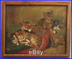 C1900 Antique Folk Art Cat Kittens O/C Oil Painting with Original Frame
