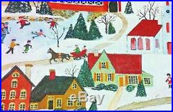 C1949 Naive-Folk Oil/Panel-Town Snow Day-Everyone Out! ORIG/SIGNED
