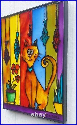 CAT PAINTING, Stained glass panel, Glass painting, Colorful cat, cat wall art