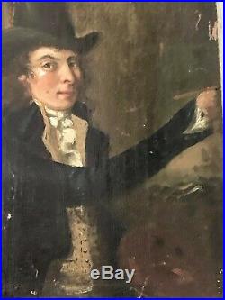 C. 1830 Oil on Board-Occupational portrait of Folk Artist painting & palette