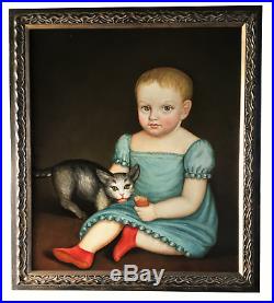 C. 1840 Early American Child Portrait Folk Art Red Shoes with Kitten Primitive