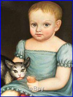 C. 1840 Early American Child Portrait Folk Art Red Shoes with Kitten Primitive