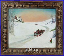 Canadian Folk Art Vintage 1940 Oil on Board Winter Landscape Signed Bernice Nash