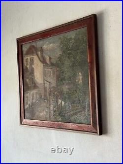 Captivating Old Antique Folk Art Landscape House Impressionist Oil Painting 1918