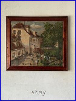 Captivating Old Antique Folk Art Landscape House Impressionist Oil Painting 1918