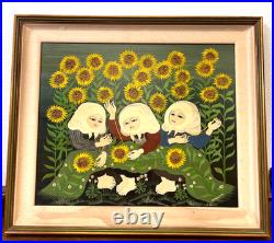 Carlos Perteagudo Three Figures and Sunflowers Signed Oil on Board Folk Naïve Carlos Perteagudo Three Figures and Sunflowers Signed Oil on Board Folk Naïve