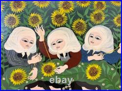 Carlos Perteagudo Three Figures and Sunflowers Signed Oil on Board Folk Naïve Carlos Perteagudo Three Figures and Sunflowers Signed Oil on Board Folk Naïve