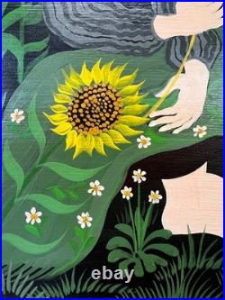 Carlos Perteagudo Three Figures and Sunflowers Signed Oil on Board Folk Naïve Carlos Perteagudo Three Figures and Sunflowers Signed Oil on Board Folk Naïve