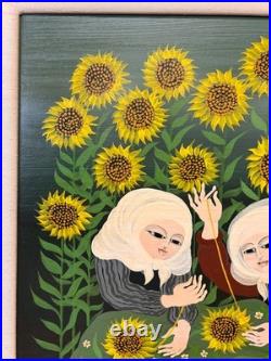 Carlos Perteagudo Three Figures and Sunflowers Signed Oil on Board Folk Naïve Carlos Perteagudo Three Figures and Sunflowers Signed Oil on Board Folk Naïve