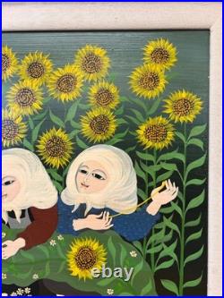 Carlos Perteagudo Three Figures and Sunflowers Signed Oil on Board Folk Naïve Carlos Perteagudo Three Figures and Sunflowers Signed Oil on Board Folk Naïve