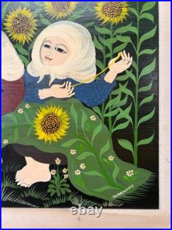 Carlos Perteagudo Three Figures and Sunflowers Signed Oil on Board Folk Naïve Carlos Perteagudo Three Figures and Sunflowers Signed Oil on Board Folk Naïve