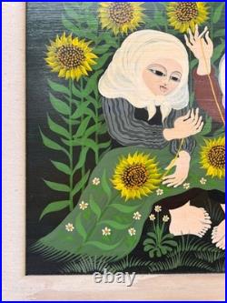 Carlos Perteagudo Three Figures and Sunflowers Signed Oil on Board Folk Naïve Carlos Perteagudo Three Figures and Sunflowers Signed Oil on Board Folk Naïve