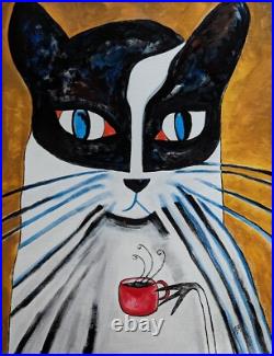 Cat Painting Collectible Original Coffee House Abstract Folk Art Samantha McLean