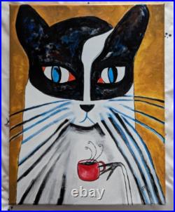 Cat Painting Collectible Original Coffee House Abstract Folk Art Samantha McLean