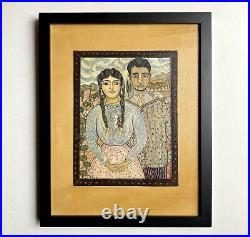Charming Naive Folk Art Portrait Painting Husband & Wife Couple Artist Signed