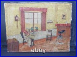Charming Primitive 1900 Folk Art Oil Brut Outsider Art Sewing Cats & Dogs