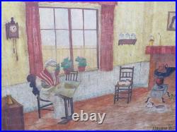 Charming Primitive 1900 Folk Art Oil Brut Outsider Art Sewing Cats & Dogs