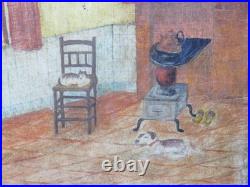 Charming Primitive 1900 Folk Art Oil Brut Outsider Art Sewing Cats & Dogs