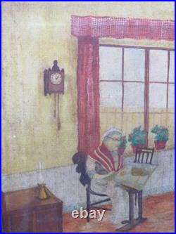 Charming Primitive 1900 Folk Art Oil Brut Outsider Art Sewing Cats & Dogs