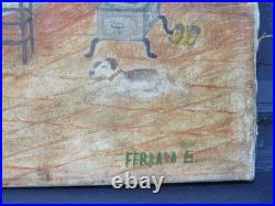 Charming Primitive 1900 Folk Art Oil Brut Outsider Art Sewing Cats & Dogs