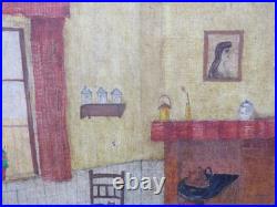 Charming Primitive 1900 Folk Art Oil Brut Outsider Art Sewing Cats & Dogs