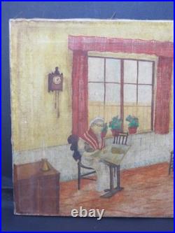 Charming Primitive 1900 Folk Art Oil Brut Outsider Art Sewing Cats & Dogs