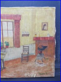 Charming Primitive 1900 Folk Art Oil Brut Outsider Art Sewing Cats & Dogs