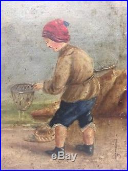 Charming Primitive Antique Folk Art Painting East Coast Clamming Oyster Catching