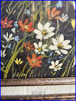 Charming Vintage Folk Art Wildflowers Original Oil on Canvas, Framed and Signed