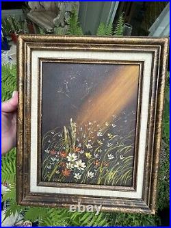 Charming Vintage Folk Art Wildflowers Original Oil on Canvas, Framed and Signed