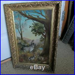 Charming c1880s Antique Folk Art Oil Painting of a Rabbit & Baby Bunnies