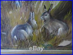 Charming c1880s Antique Folk Art Oil Painting of a Rabbit & Baby Bunnies
