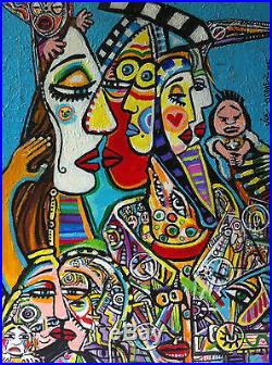 Chicano Modern Abstract Hippie Pop Folk Art 1995 Signed Joe Gomez Oil Painting