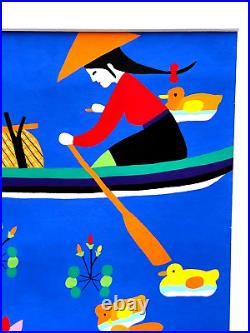 Chinese Asian Folk Art Painting Bright Colorful Girl Boat Ducks Ducklings River
