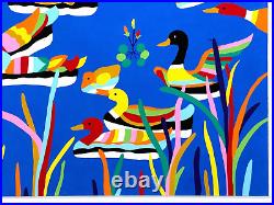 Chinese Asian Folk Art Painting Bright Colorful Girl Boat Ducks Ducklings River