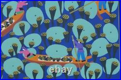 Chinese Folk Art Painting Harvesting Boat Lake Pond Farming