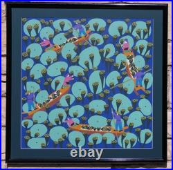 Chinese Folk Art Painting Harvesting Boat Lake Pond Farming