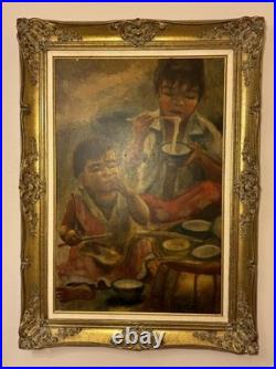 Chinese Folk Art Street Scene Oil Painting Brothers Children Boys Eating Noodles